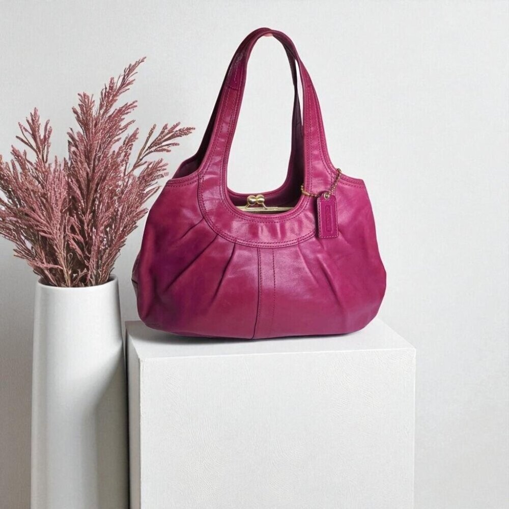 COACH Ergo Pleated Leather Kisslock Satchel hot pink/maroon